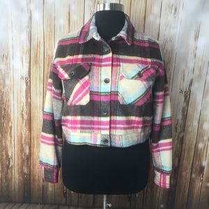 New! Furry plaid jacket cropped brown pink yellow